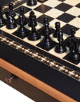 CHAMFERED BASE Chess Set | Black & Mother of Pearl Table | 55mm Squares