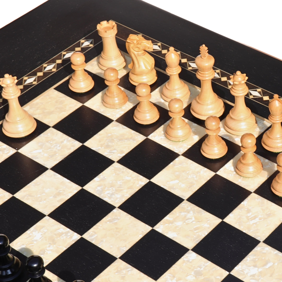 CHAMFERED BASE Chess Set | Black &amp; Mother of Pearl Table | 55mm Squares