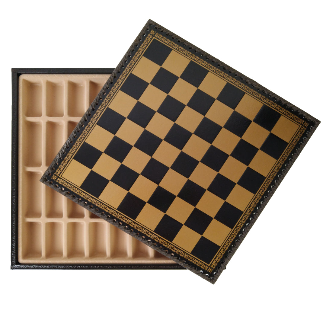 BLACK &amp; GOLD ECOLEATHER | 3-in-1 Box | Chess, Backgammon &amp; Checkers | 3.5cm Squares | 35cm Board | 219GN