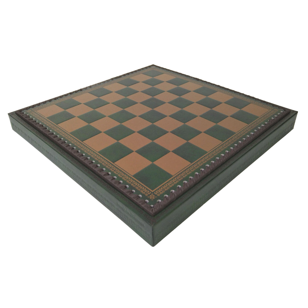 GREEN &amp; GOLD ECOLEATHER | 3-in-1 Box | Chess, Backgammon &amp; Checkers | 3.5cm Squares | 35cm Board | 219GV