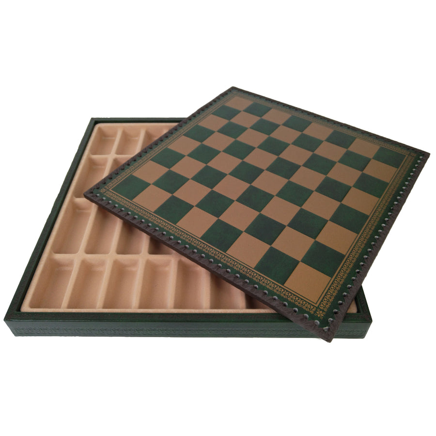 ROBIN HOOD | Resin Chess Pieces | 80mm King | Green & Gold Ecoleather | 3-in-1 Box with Backgammon & Checkers | 35mm Squares