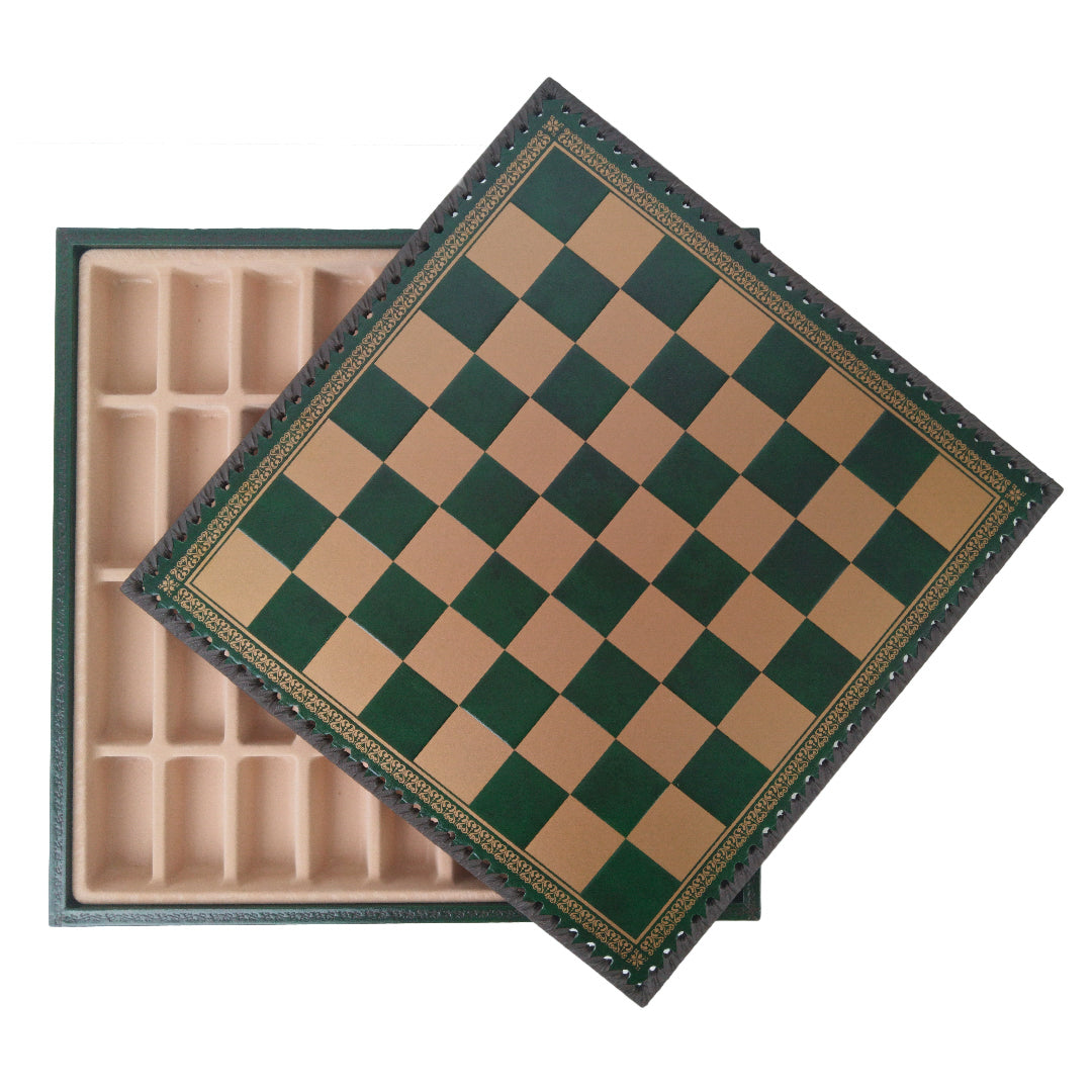 GREEN &amp; GOLD ECOLEATHER | 3-in-1 Box | Chess, Backgammon &amp; Checkers | 3.5cm Squares | 35cm Board | 219GV