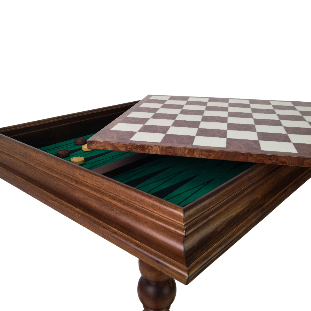 TILIA TABLE WITH BRIAR ELM CHESSBOARD | Backgammon Inside | 62mm Squares | TAV450