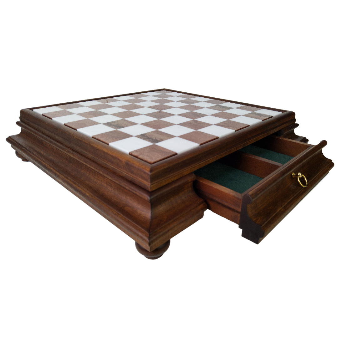 WHITE &amp; BROWN MARBLE CHESSBOARD | Wooden Drawer &amp; Pedestals | 46mm Squares | 419AW