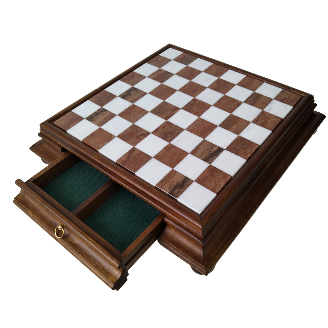 WHITE &amp; BROWN MARBLE CHESSBOARD | Wooden Drawer &amp; Pedestals | 46mm Squares | 419AW