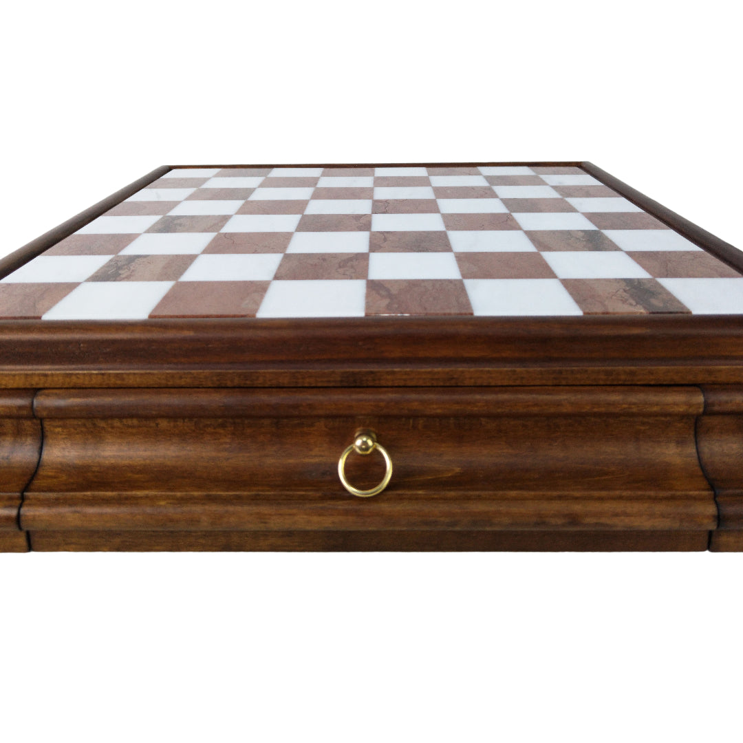 WHITE &amp; BROWN MARBLE CHESSBOARD | Wooden Drawer &amp; Pedestals | 46mm Squares | 419AW