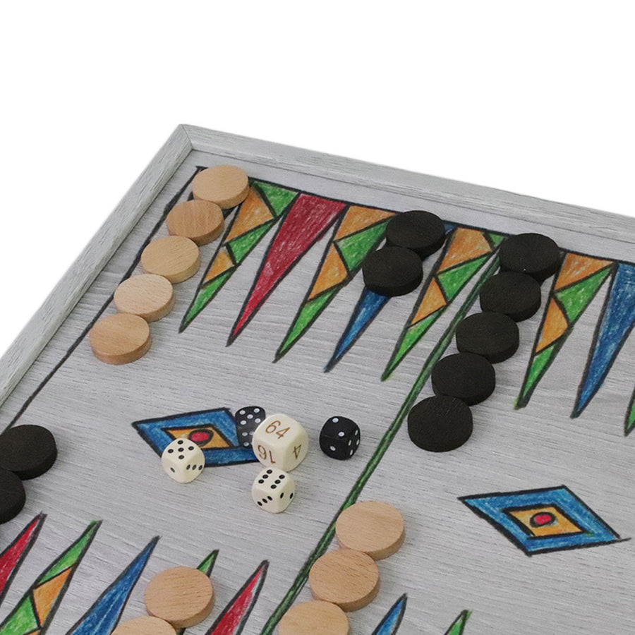 5-IN-1 COMBO GAMES | 34cm | Chess, Backgammon, Ludo, Snakes, Checkers | CHILDRENS DRAWINGS | Grey Wooden Case | CBLS34FTH