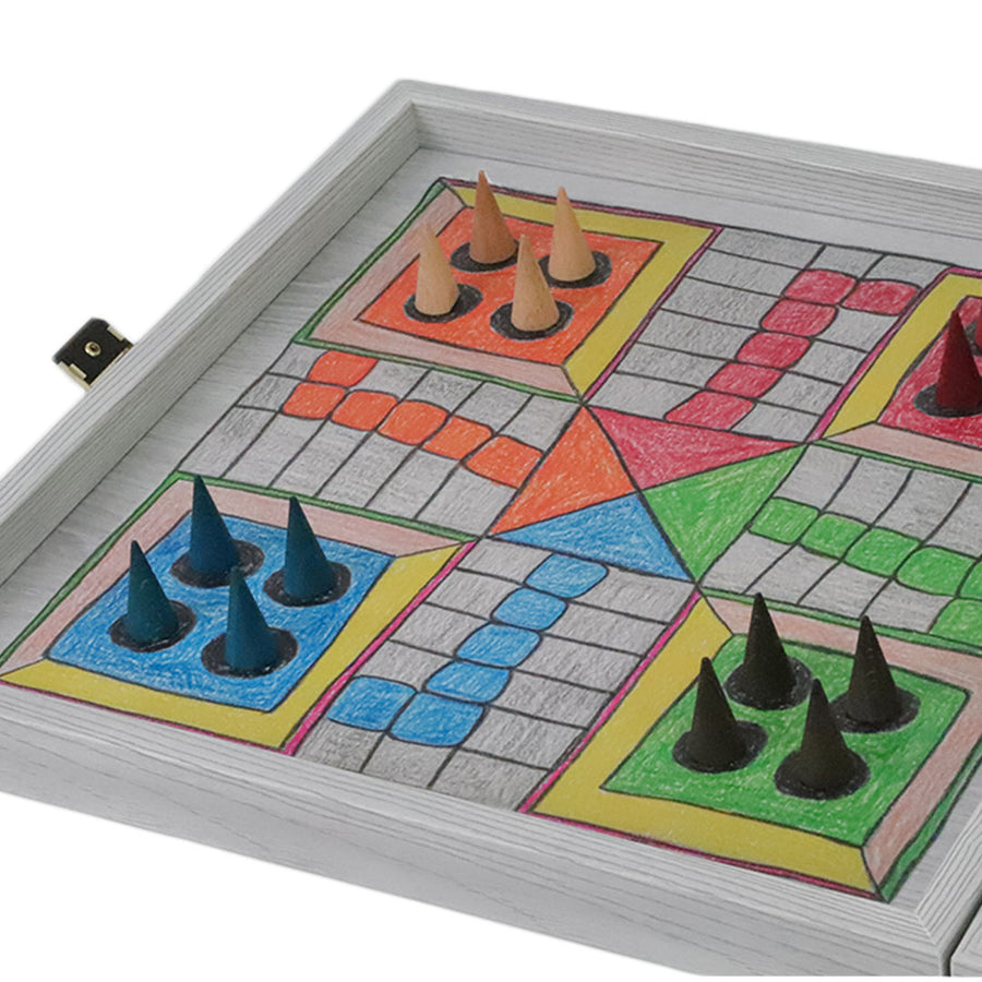 5-IN-1 COMBO GAMES | 34cm | Chess, Backgammon, Ludo, Snakes, Checkers | CHILDRENS DRAWINGS | Grey Wooden Case | CBLS34FTH