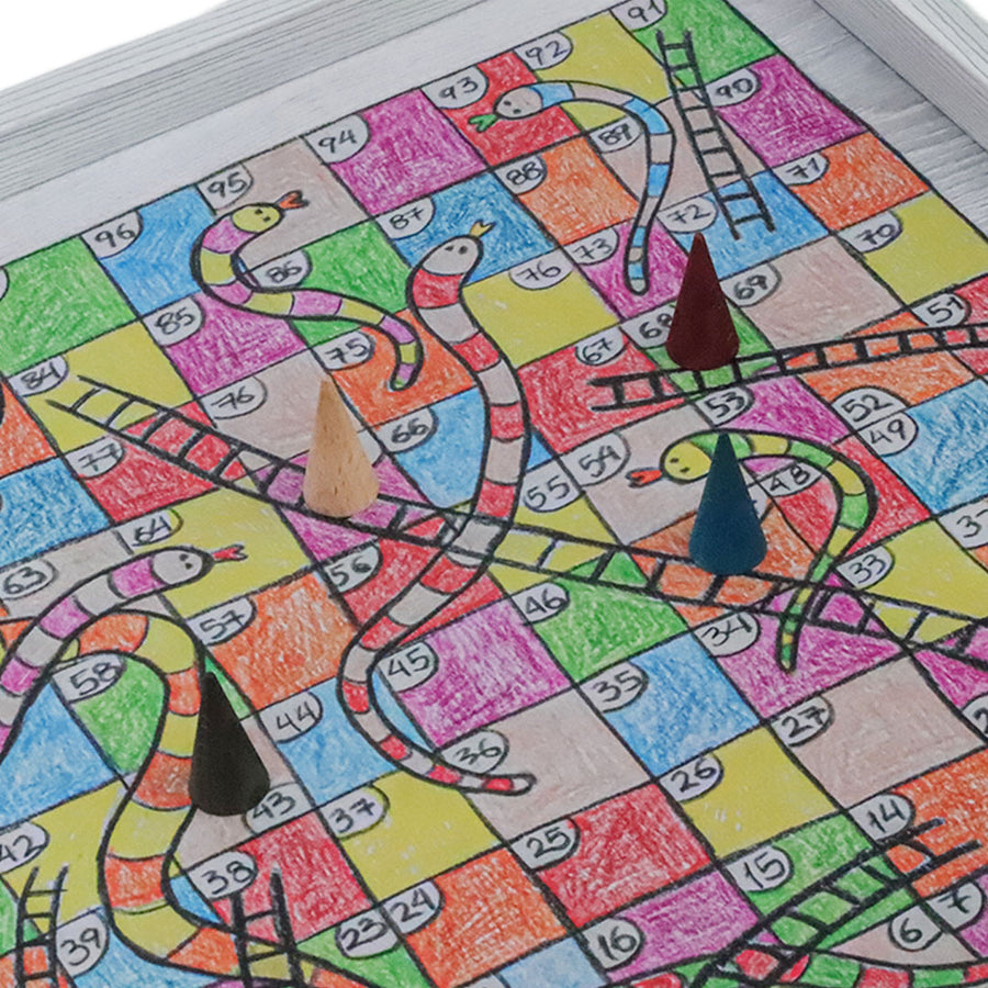 5-IN-1 COMBO GAMES | 34cm | Chess, Backgammon, Ludo, Snakes, Checkers | CHILDRENS DRAWINGS | Grey Wooden Case | CBLS34FTH