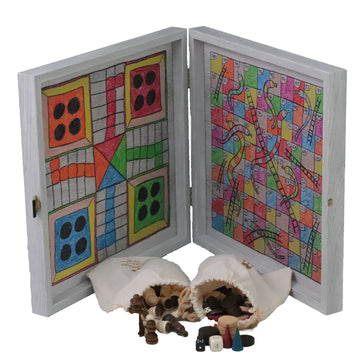 5-IN-1 COMBO GAMES | 34cm | Chess, Backgammon, Ludo, Snakes, Checkers | CHILDRENS DRAWINGS | Grey Wooden Case | CBLS34FTH