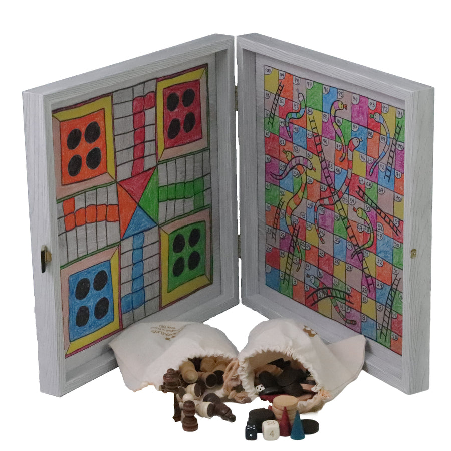 5-IN-1 COMBO GAMES | 34cm | Chess, Backgammon, Ludo, Snakes, Checkers | CHILDRENS DRAWINGS | Grey Wooden Case | CBLS34FTH