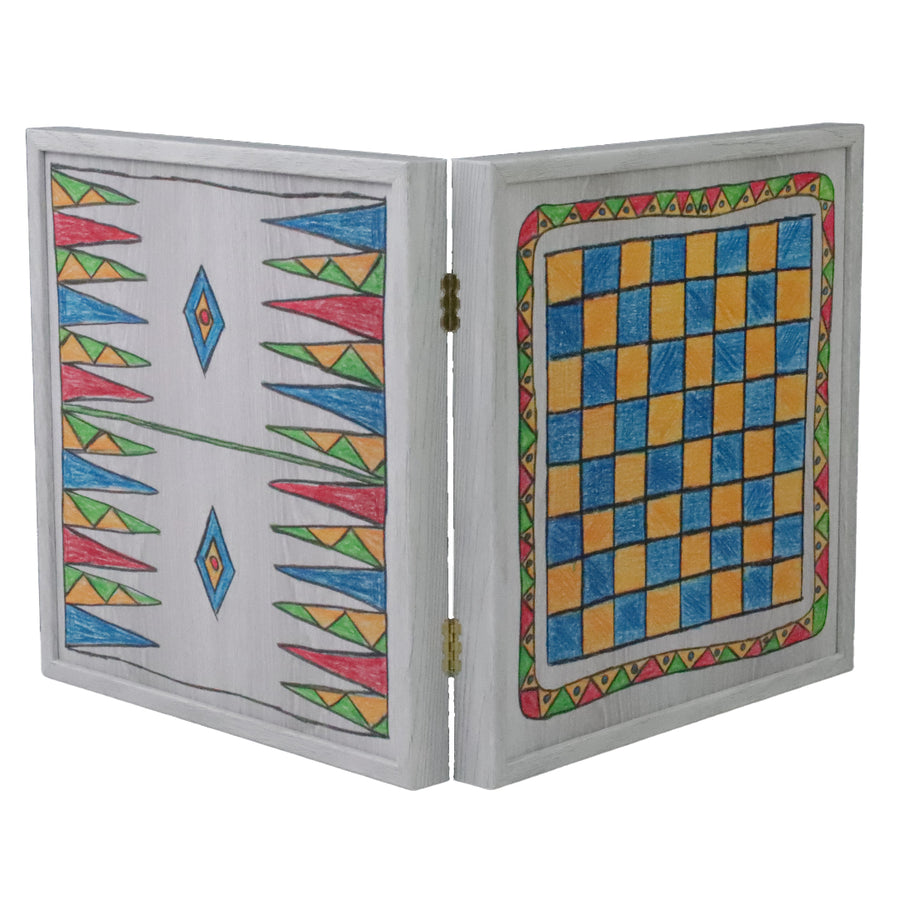 5-IN-1 COMBO GAMES | 34cm | Chess, Backgammon, Ludo, Snakes, Checkers | CHILDRENS DRAWINGS | Grey Wooden Case | CBLS34FTH