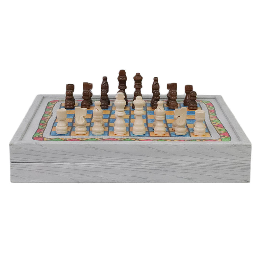 5-IN-1 COMBO GAMES | 34cm | Chess, Backgammon, Ludo, Snakes, Checkers | CHILDRENS DRAWINGS | Grey Wooden Case | CBLS34FTH