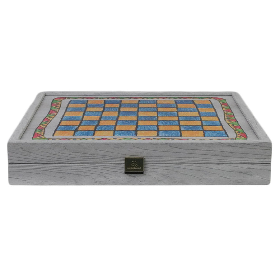 5-IN-1 COMBO GAMES | 34cm | Chess, Backgammon, Ludo, Snakes, Checkers | CHILDRENS DRAWINGS | Grey Wooden Case | CBLS34FTH