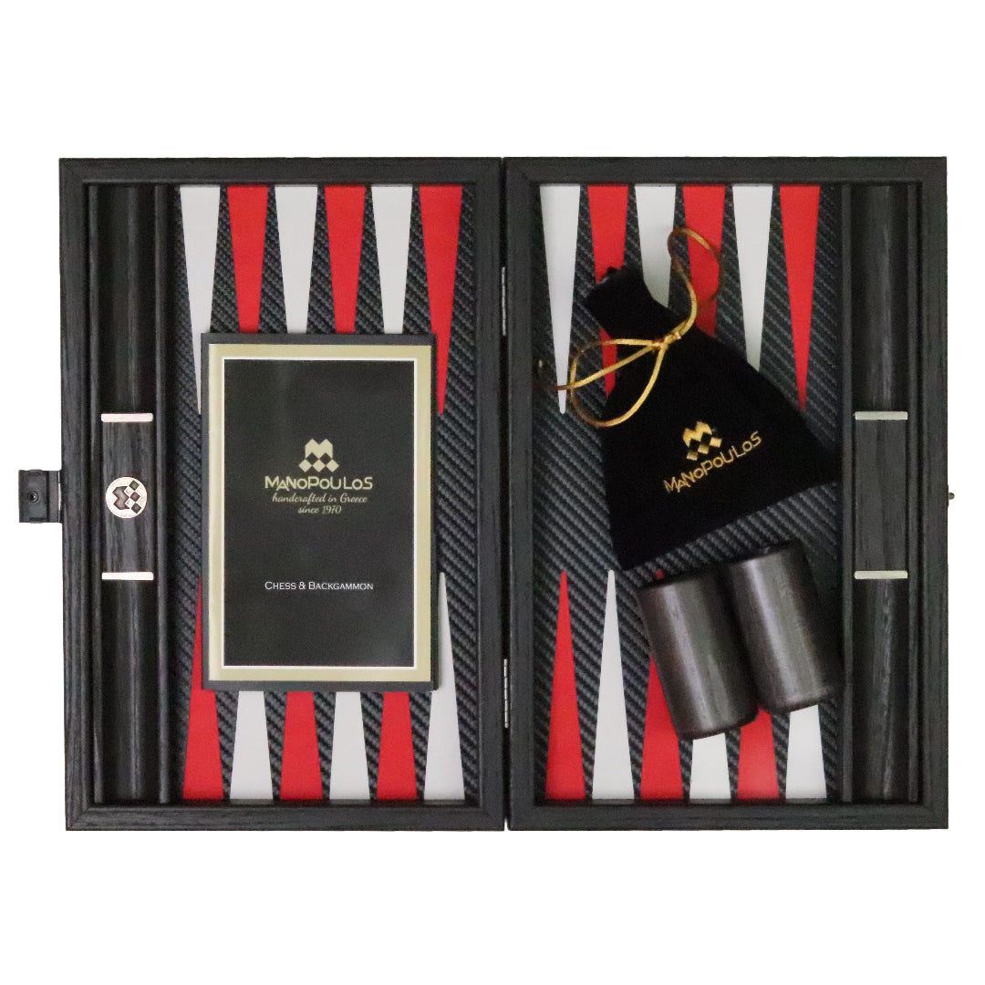 Backgammon | Carbon Fibre Finish | Black &amp; Red Inlay Points | Handmade | Side Racks | 30 x 20cm | BDE3CFR