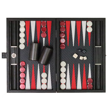 Backgammon | Carbon Fibre Finish | Black & Red Inlay Points | Handmade | Side Racks | 30 x 20cm | BDE3CFR