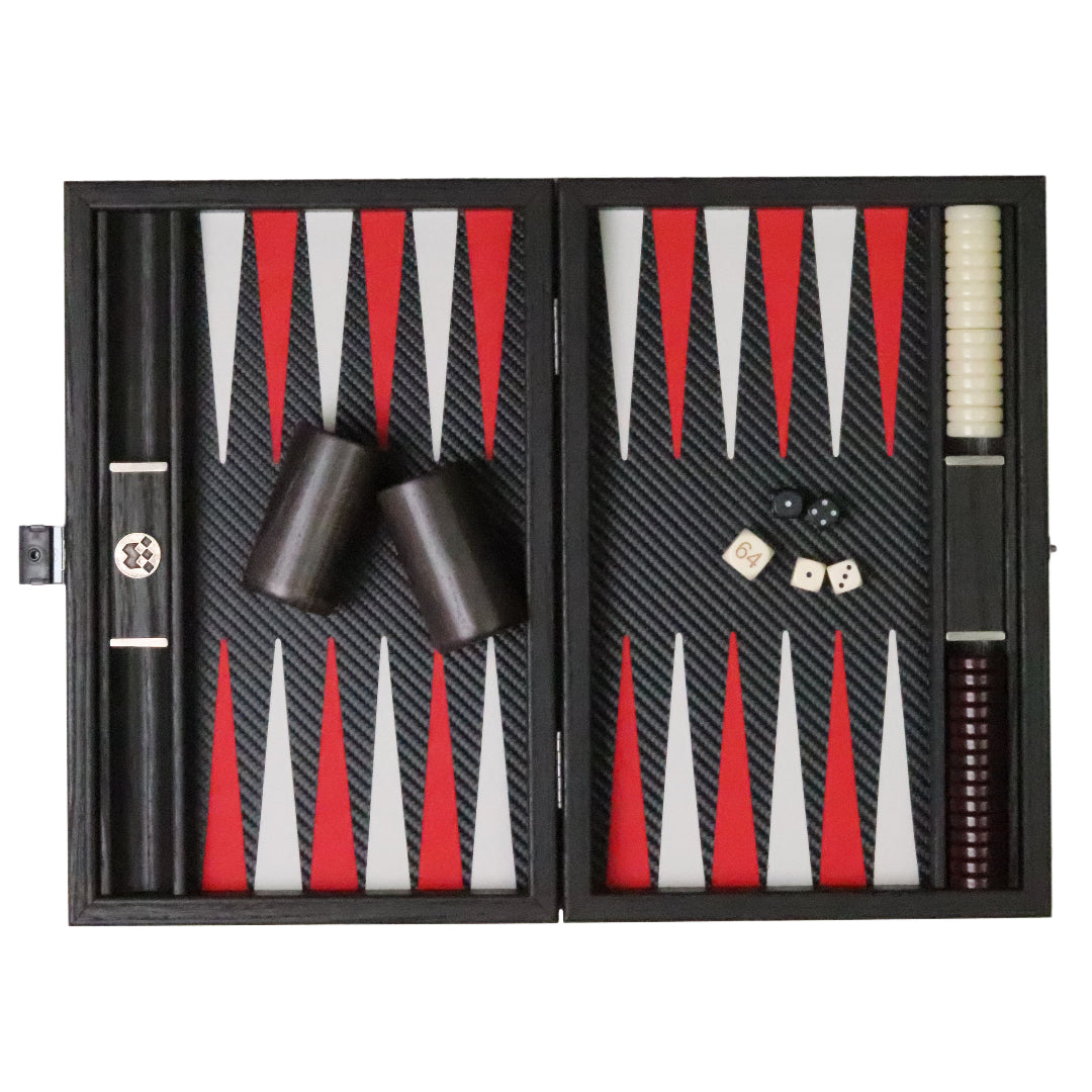 Backgammon | Carbon Fibre Finish | Black &amp; Red Inlay Points | Handmade | Side Racks | 30 x 20cm | BDE3CFR