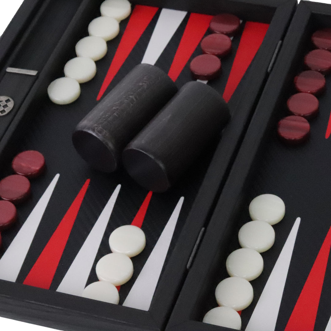 Backgammon | Carbon Fibre Finish | Black &amp; Red Inlay Points | Handmade | Side Racks | 30 x 20cm | BDE3CFR