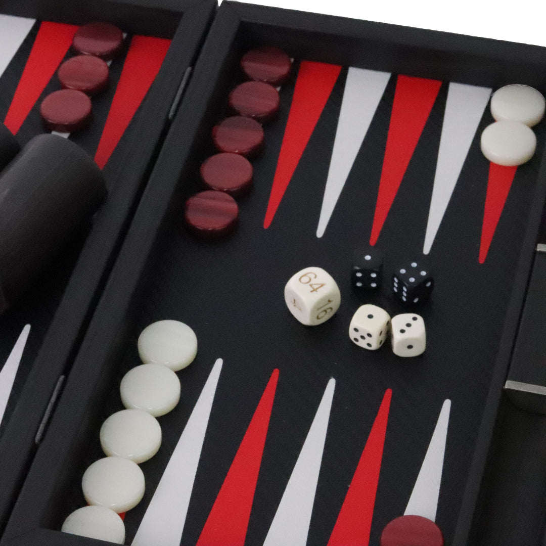 Backgammon | Carbon Fibre Finish | Black &amp; Red Inlay Points | Handmade | Side Racks | 30 x 20cm | BDE3CFR