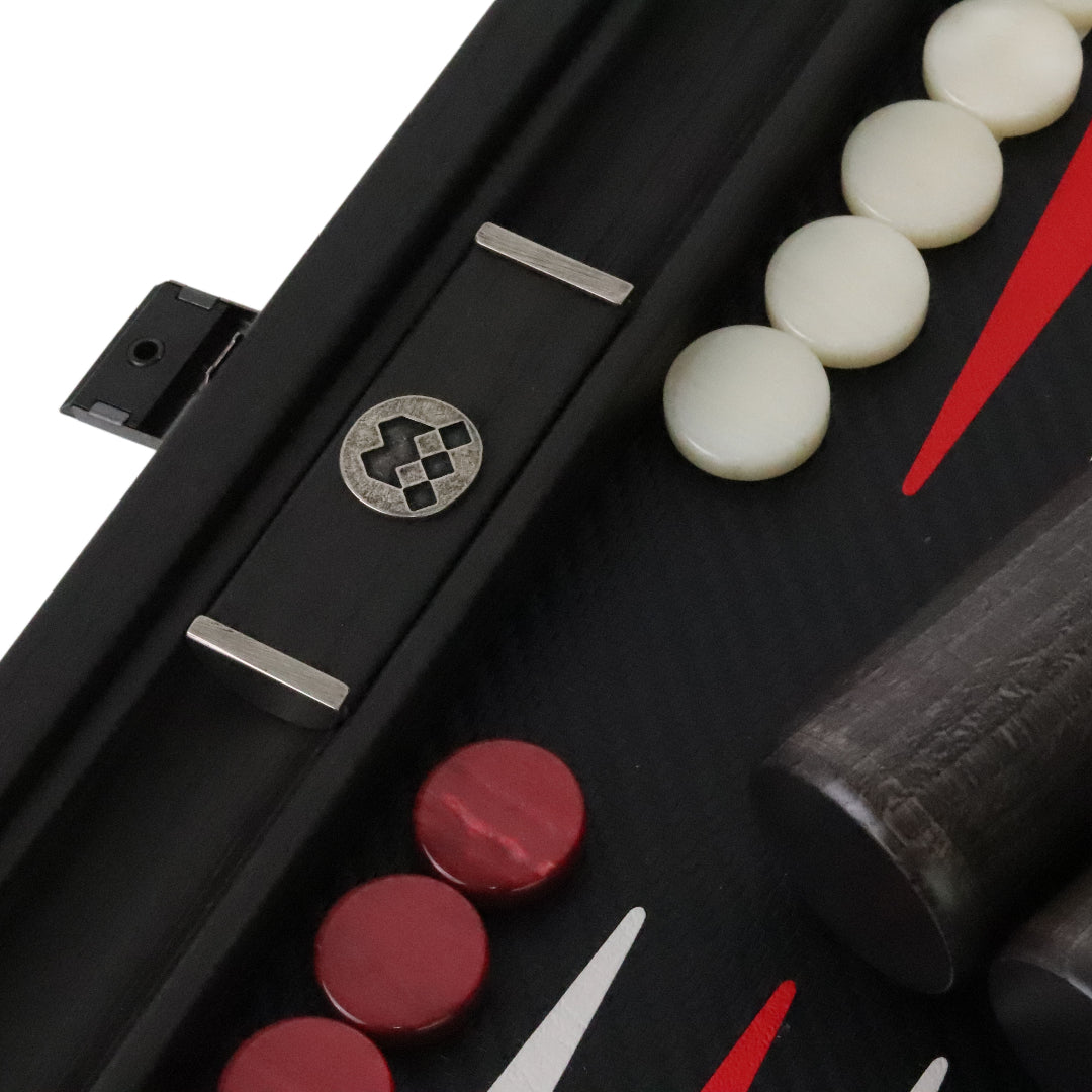 Backgammon | Carbon Fibre Finish | Black &amp; Red Inlay Points | Handmade | Side Racks | 30 x 20cm | BDE3CFR