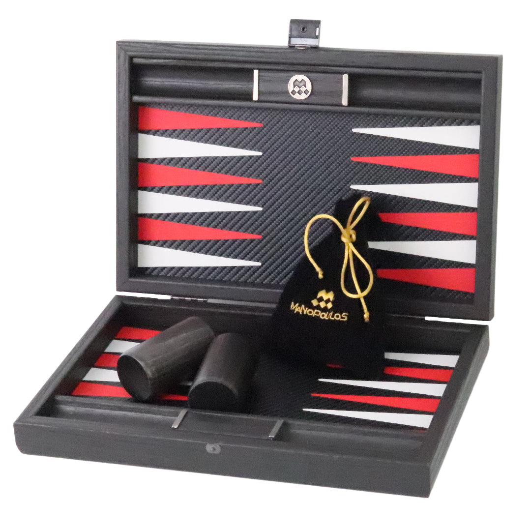 Backgammon | Carbon Fibre Finish | Black &amp; Red Inlay Points | Handmade | Side Racks | 30 x 20cm | BDE3CFR