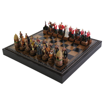 BRITISH vs ZULU | Resin Chess Pieces | 84mm King | Black & Gold Ecoleather | 3-in-1 Box with Backgammon & Checkers | 35mm Squares