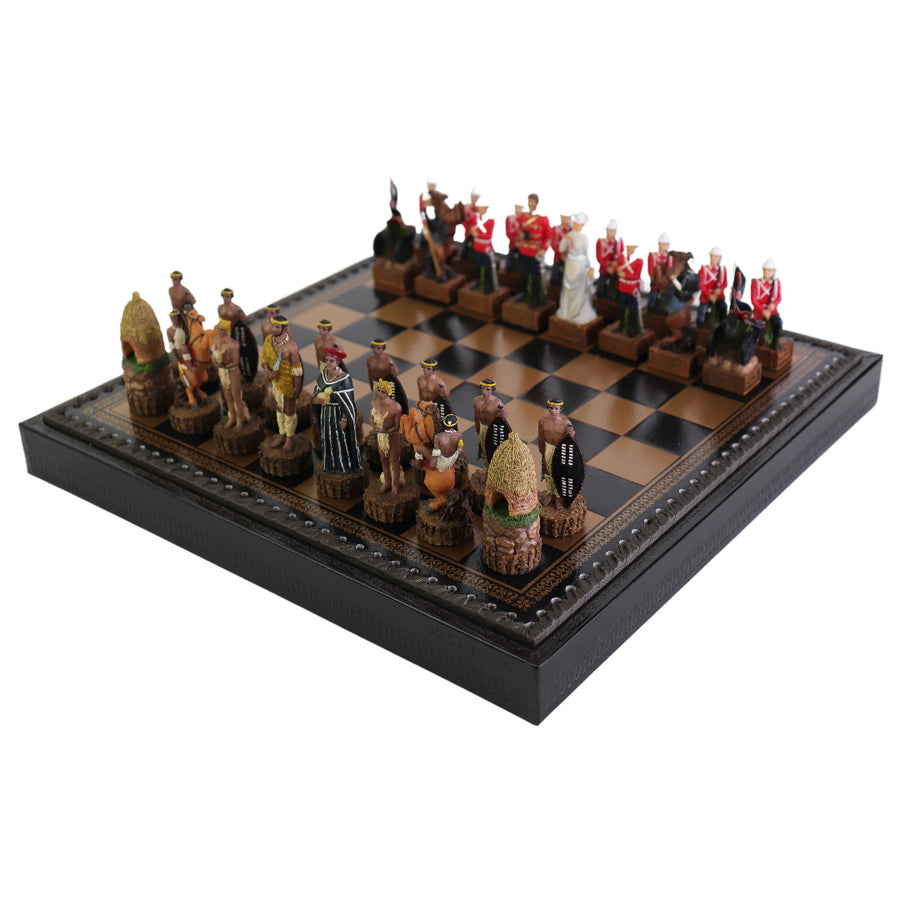 BRITISH vs ZULU | Resin Chess Pieces | 84mm King | Black & Gold Ecoleather | 3-in-1 Box with Backgammon & Checkers | 35mm Squares