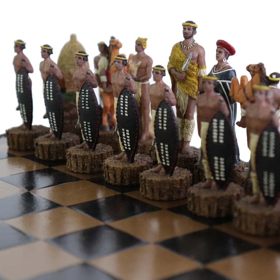 BRITISH vs ZULU | Resin Chess Pieces | 84mm King | Black & Gold Ecoleather | 3-in-1 Box with Backgammon & Checkers | 35mm Squares