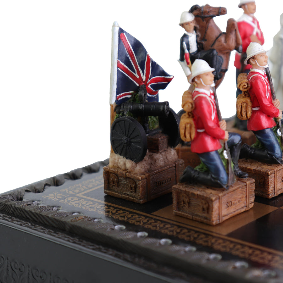 BRITISH vs ZULU | Resin Chess Pieces | 84mm King | Black & Gold Ecoleather | 3-in-1 Box with Backgammon & Checkers | 35mm Squares