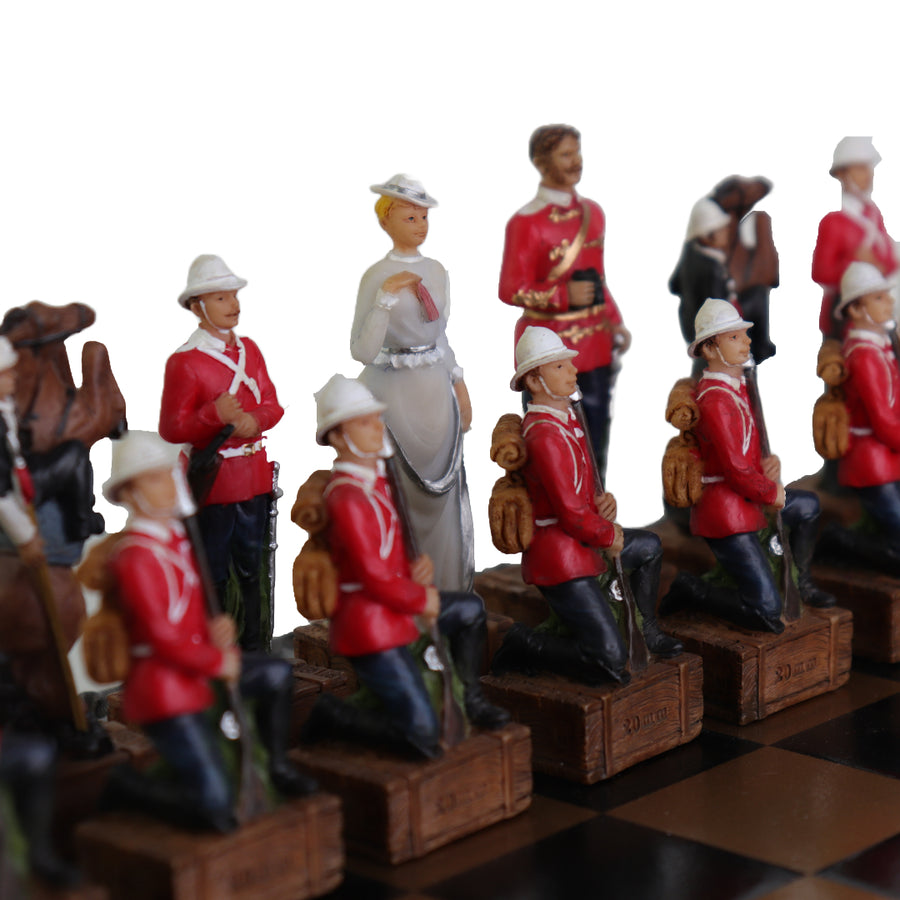 BRITISH vs ZULU | Resin Chess Pieces | 84mm King | Black & Gold Ecoleather | 3-in-1 Box with Backgammon & Checkers | 35mm Squares