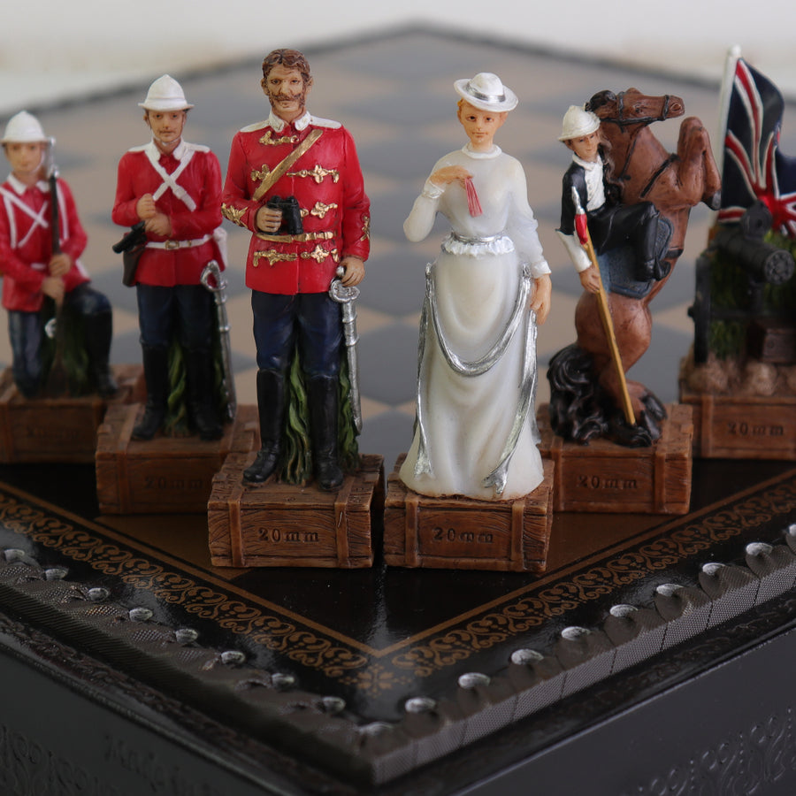 BRITISH vs ZULU | Resin Chess Pieces | 84mm King | Black & Gold Ecoleather | 3-in-1 Box with Backgammon & Checkers | 35mm Squares