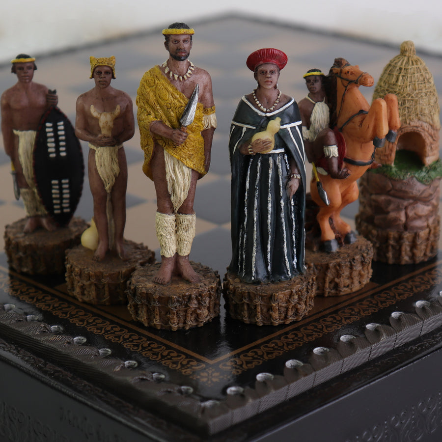 BRITISH vs ZULU | Resin Chess Pieces | 84mm King | Black & Gold Ecoleather | 3-in-1 Box with Backgammon & Checkers | 35mm Squares