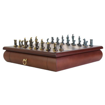 CYCLADIC ART | Solid Brass Chess Pieces | Blue & Bronze | 50mm King | Rosewood Board with Drawer| 35mm Squares