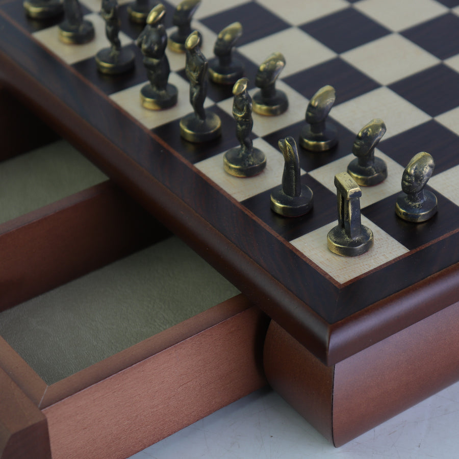 CYCLADIC ART | Solid Brass Chess Pieces | Blue & Bronze | 50mm King | Rosewood Board with Drawer| 35mm Squares