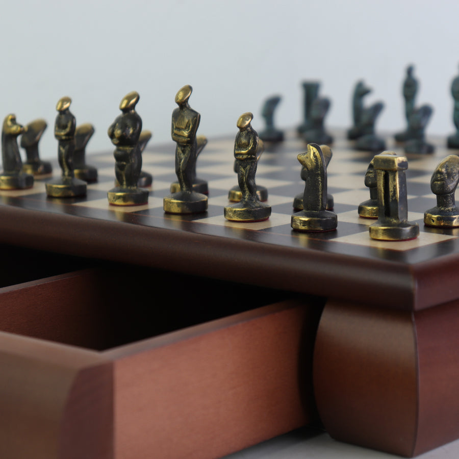 CYCLADIC ART | Solid Brass Chess Pieces | Blue & Bronze | 50mm King | Rosewood Board with Drawer| 35mm Squares