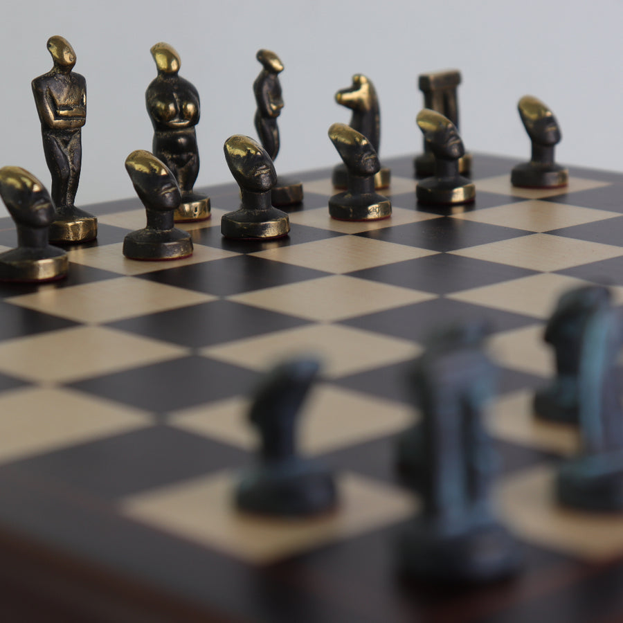 CYCLADIC ART | Solid Brass Chess Pieces | Blue & Bronze | 50mm King | Rosewood Board with Drawer| 35mm Squares