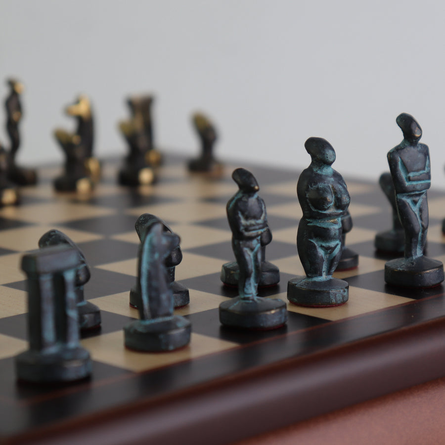 CYCLADIC ART | Solid Brass Chess Pieces | Blue & Bronze | 50mm King | Rosewood Board with Drawer| 35mm Squares