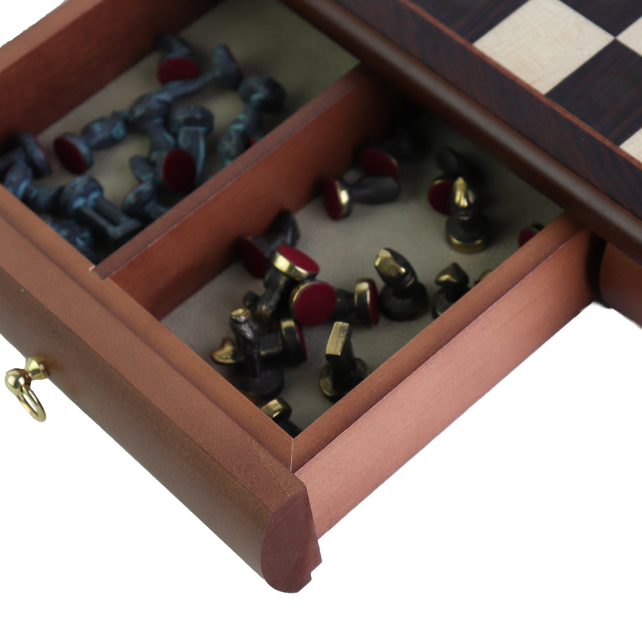 CYCLADIC ART | Solid Brass Chess Pieces | Blue & Bronze | 50mm King | Rosewood Board with Drawer| 35mm Squares