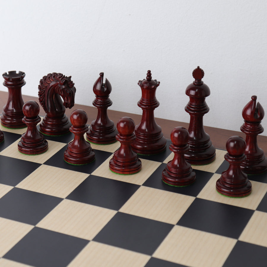 EZEKIEL | Red Budrose Chess Pieces | 110mm King | Black Poplar & Sycamore | Walnut Border | 60mm Squares