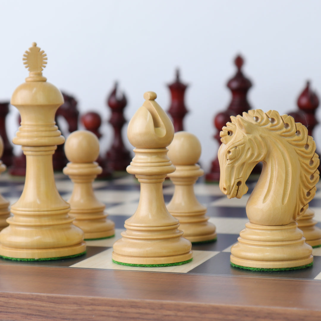 EZEKIEL | Red Budrose Chess Pieces | 110mm King | Black Poplar &amp; Sycamore | Walnut Border | 60mm Squares