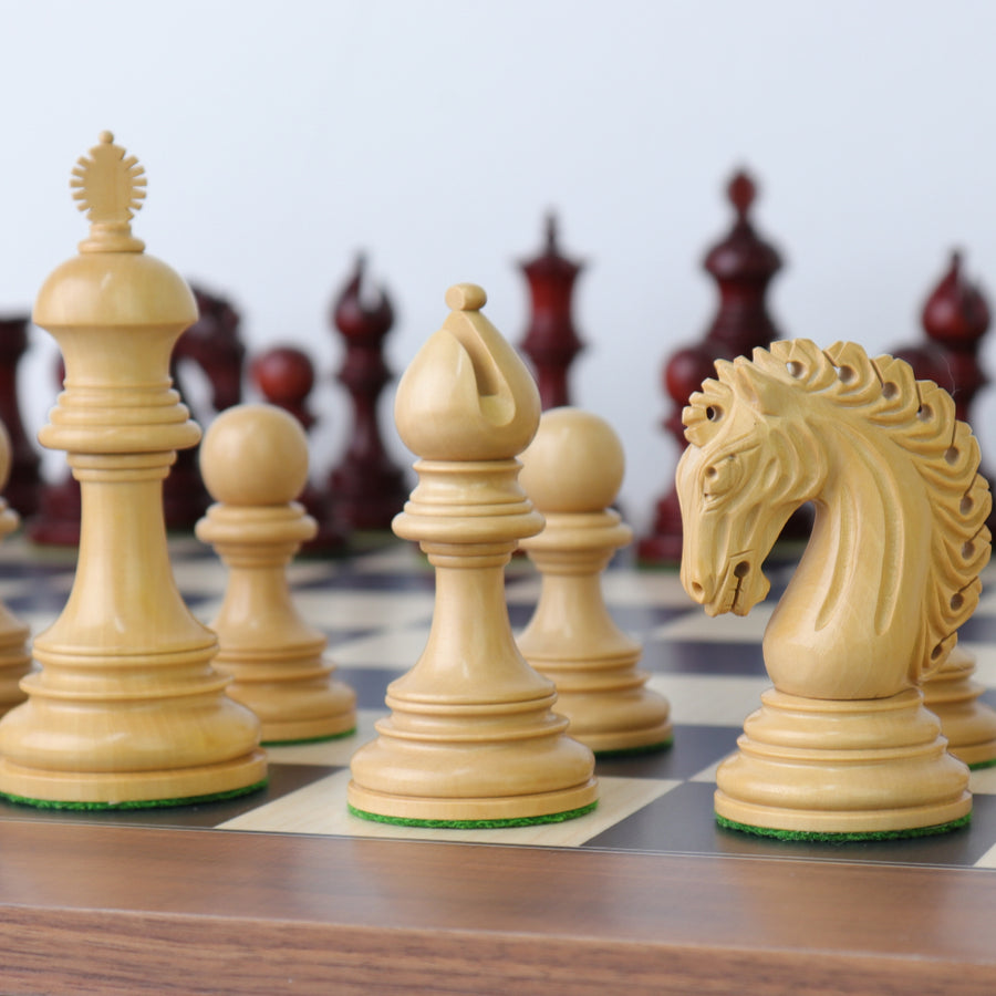 EZEKIEL | Red Budrose Chess Pieces | 110mm King | Black Poplar & Sycamore | Walnut Border | 60mm Squares