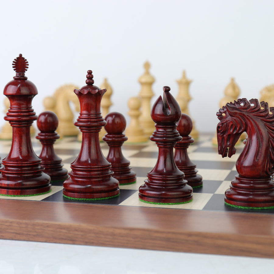 EZEKIEL | Red Budrose Chess Pieces | 110mm King | Black Poplar & Sycamore | Walnut Border | 60mm Squares