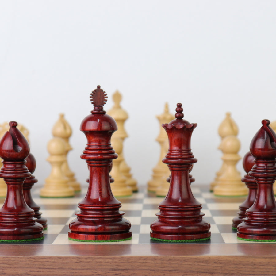 EZEKIEL | Red Budrose Chess Pieces | 110mm King | Black Poplar & Sycamore | Walnut Border | 60mm Squares