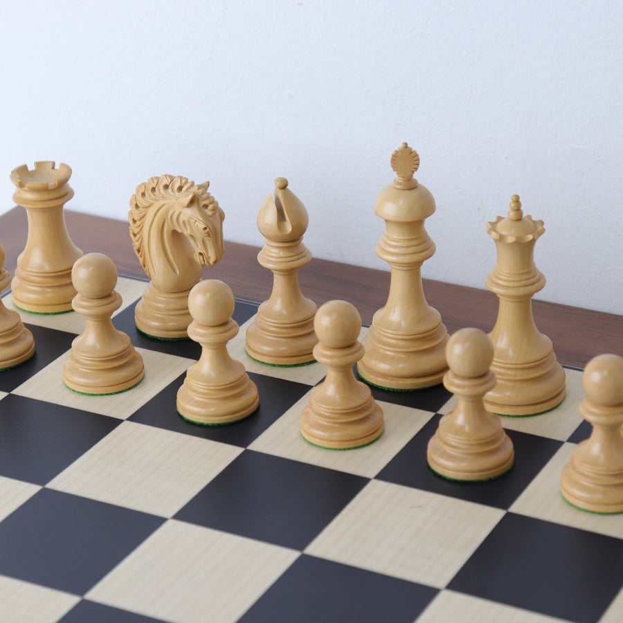 EZEKIEL | Red Budrose Chess Pieces | 110mm King | Black Poplar & Sycamore | Walnut Border | 60mm Squares