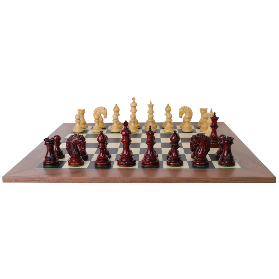 EZEKIEL | Red Budrose Chess Pieces | 110mm King | Black Poplar & Sycamore | Walnut Border | 60mm Squares