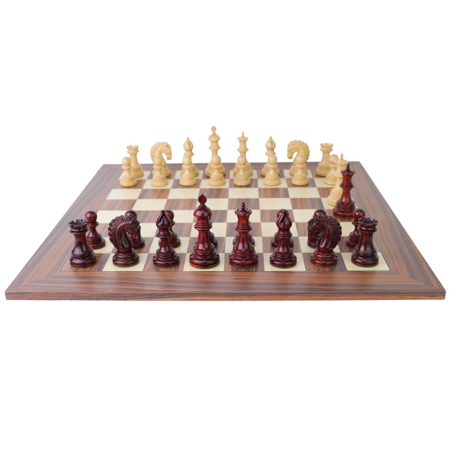 EZEKIEL | Red Budrose Chess Pieces | 110mm King | Santos Palisander & Sycamore Board | 60mm Squares