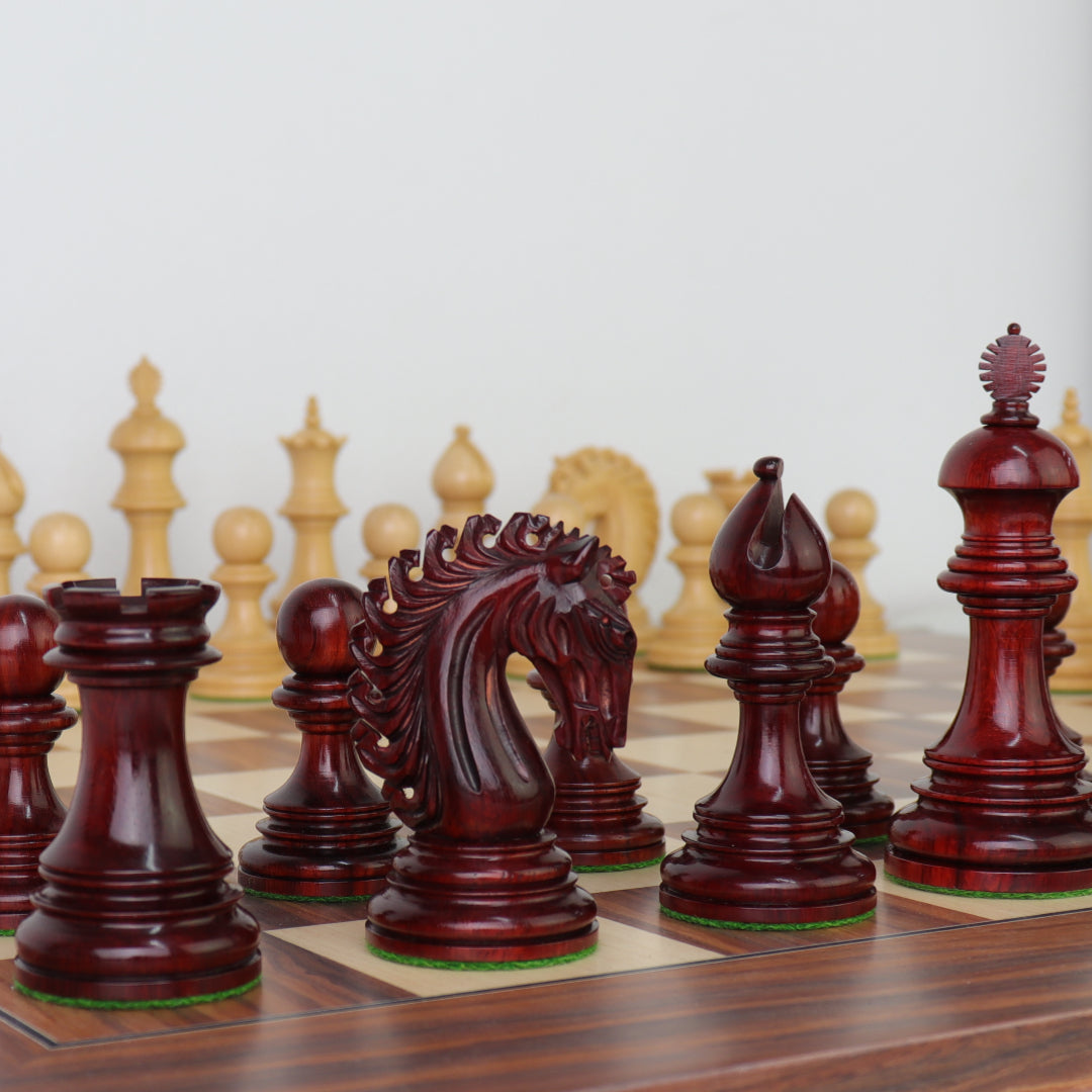 EZEKIEL | Red Budrose Chess Pieces | 110mm King | Santos Palisander &amp; Sycamore Board | 60mm Squares