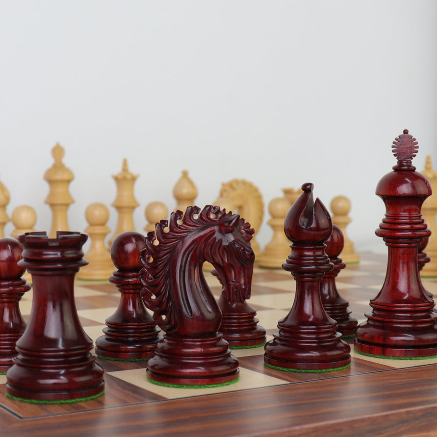 EZEKIEL | Red Budrose Chess Pieces | 110mm King | Santos Palisander & Sycamore Board | 60mm Squares