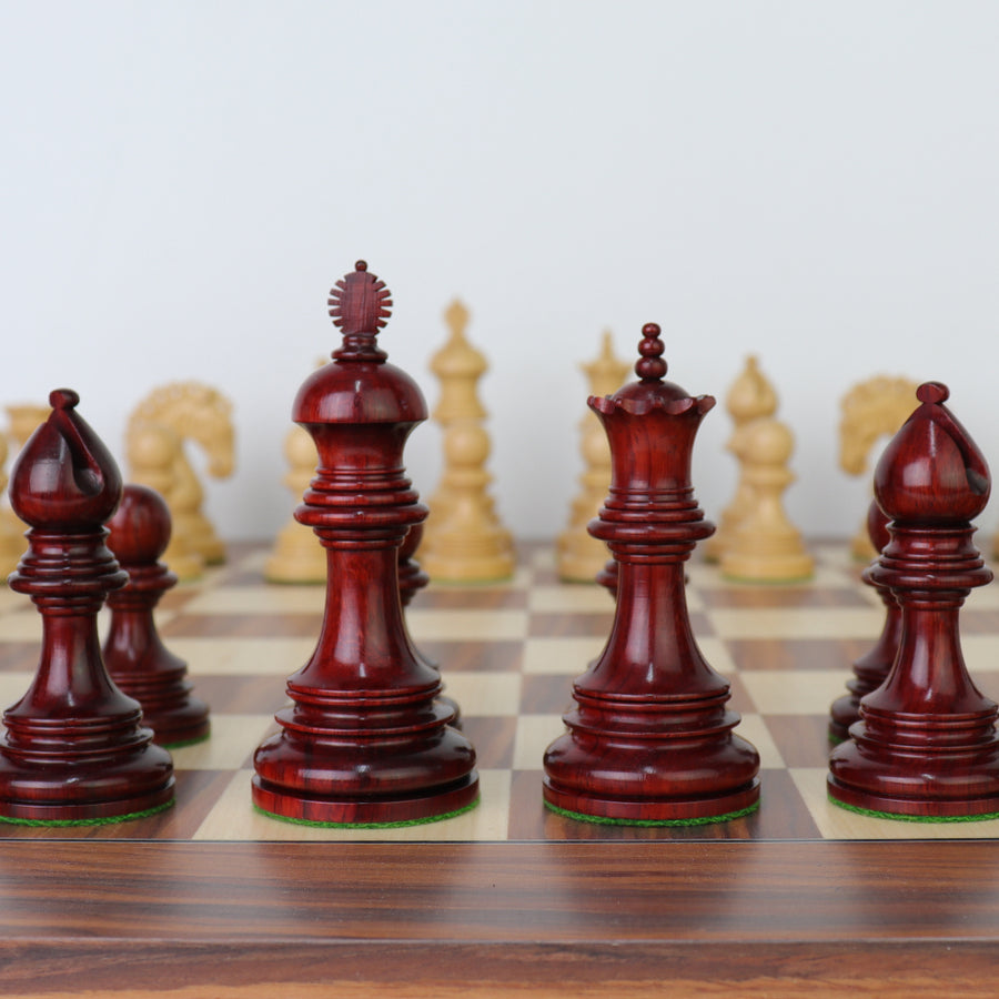 EZEKIEL | Red Budrose Chess Pieces | 110mm King | Santos Palisander & Sycamore Board | 60mm Squares