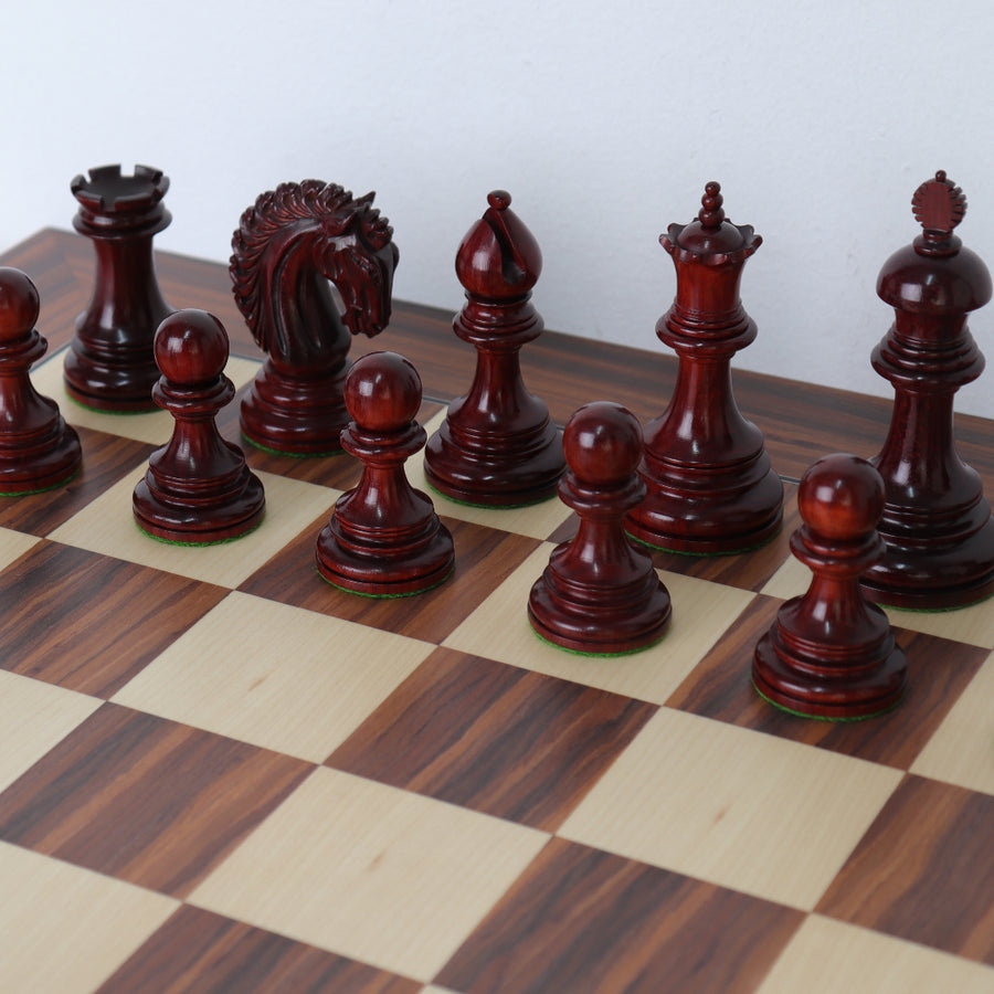 EZEKIEL | Red Budrose Chess Pieces | 110mm King | Santos Palisander & Sycamore Board | 60mm Squares